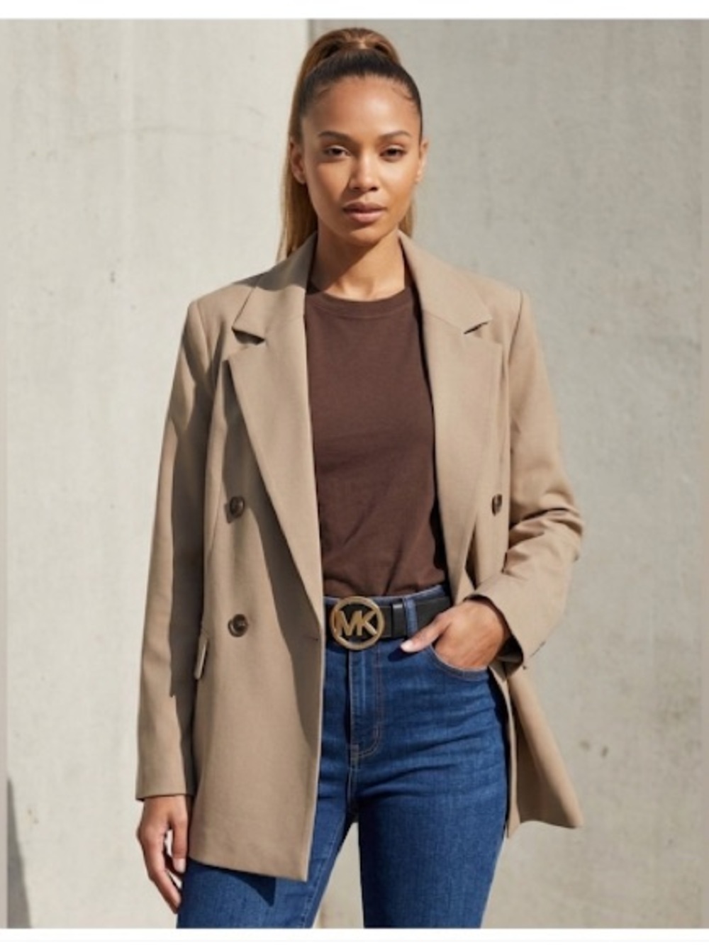Avec Les Filles Tan Double-Breasted Blazer